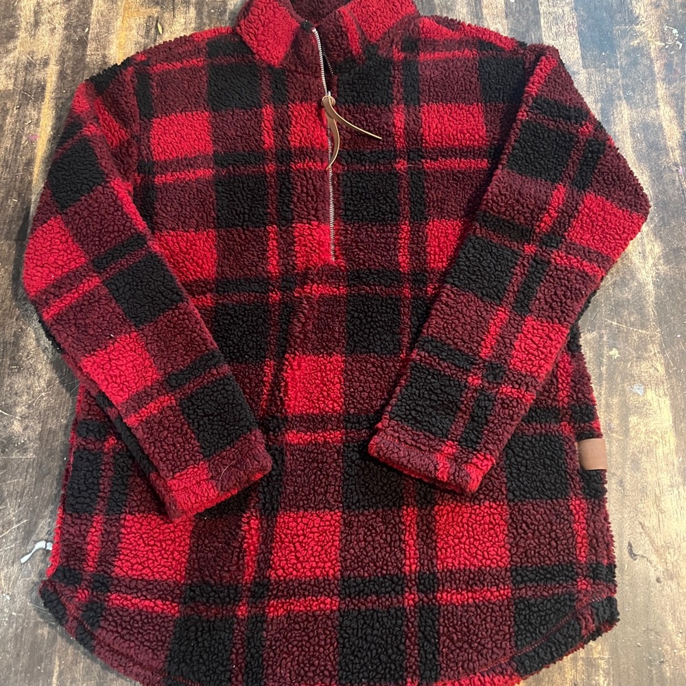 Maurices Sweater Women's Size M Black Red Fleece Quarter Zip Pockets